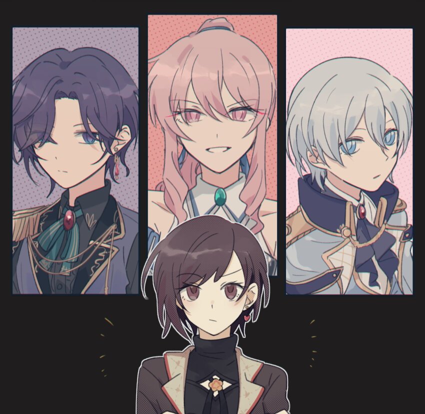 0_(prsk_ak1) 1other 25-ji_nightcord_de._(project_sekai) 3girls aiguillette akiyama_mizuki androgynous asahina_mafuyu blue_hair brown_hair earrings gem green_gemstone heart heart_earrings highres jewelry kaitou_shinshi_no_harahara!?_white_day_(project_sekai) light_blue_hair looking_at_viewer multiple_girls official_alternate_costume official_alternate_hairstyle pink_eyes pink_hair project_sekai purple_hair red_gemstone relax_teatime_(project_sekai) shinonome_ena short_hair take_the_best_shot!_(project_sekai) yoisaki_kanade