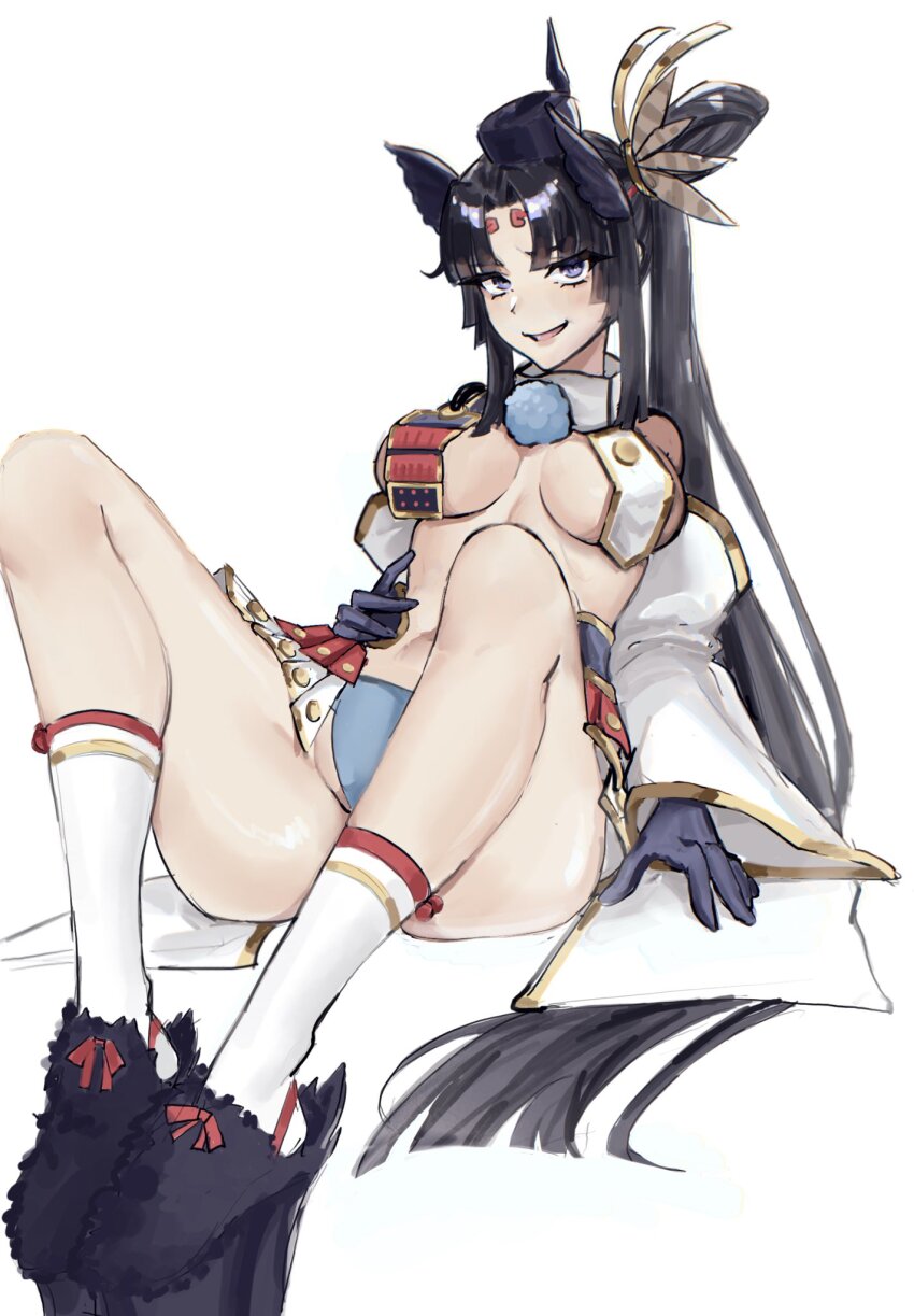 13addendum 1girl armor black_gloves black_hair blue_eyes blue_panties breast_curtains breasts detached_sleeves fate/grand_order fate_(series) feather_hair_ornament feathers gloves hair_ornament hat highres japanese_armor knees_up kusazuri long_hair looking_at_viewer medium_breasts open_mouth panties parted_bangs revealing_clothes side_ponytail sitting smile socks solo tate_eboshi underwear ushiwakamaru_(fate) very_long_hair white_background white_socks wide_sleeves