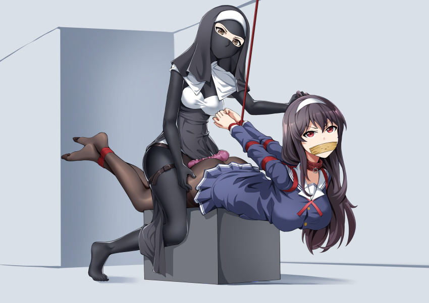 2girls absurdres bdsm black_hair bondage bound gag glaring hairband highres kasumigaoka_utaha kidnapped mask multiple_girls nun red_eyes restrained saenai_heroine_no_sodatekata second-party_source shibari t_zhonglang white_hairband yuri