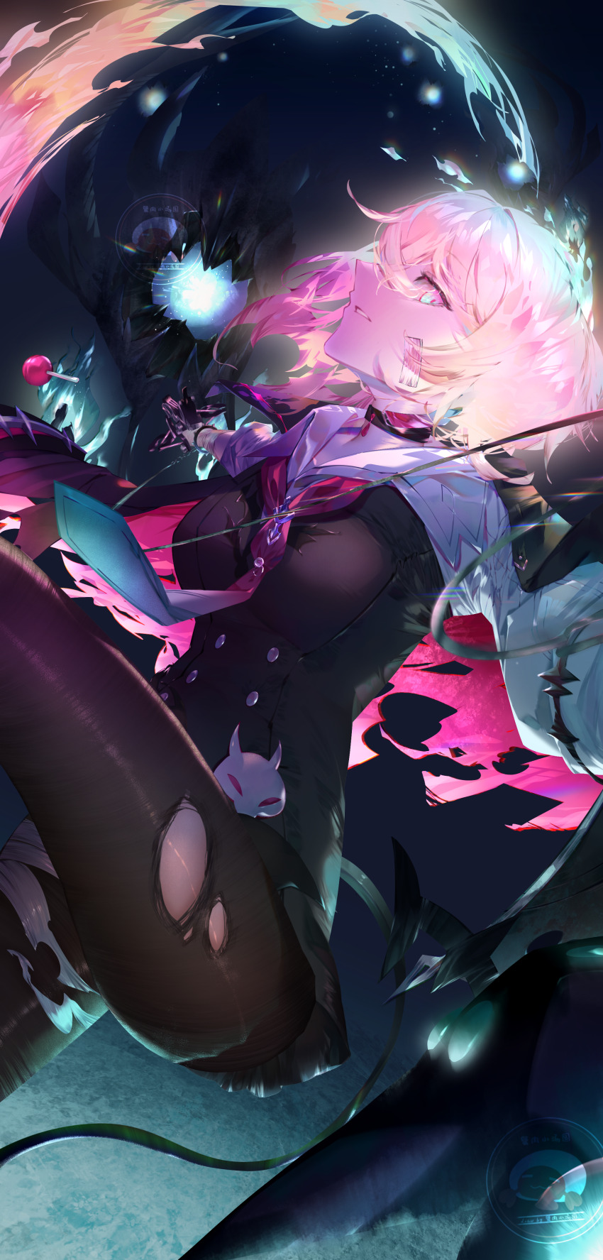 1girl absurdres bandages black_gloves black_pantyhose candy choker clown_mask food gloves highres honkai_(series) honkai_impact_3rd jewelry kailu_(kyshiro) lantern_(honkai_impact) lollipop mask multicolored_hair necktie pantyhose parted_lips short_hair solo tail torn_clothes
