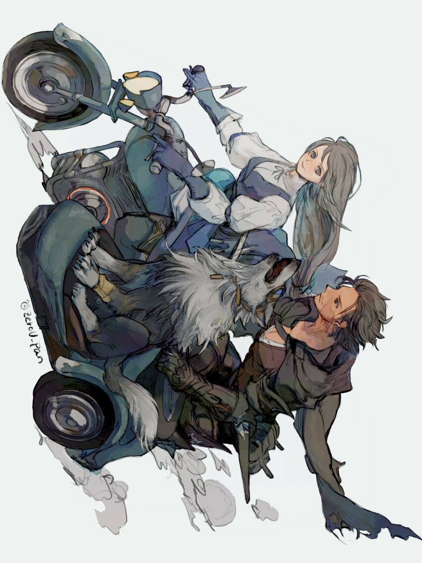 1girl 1other beard beard_stubble black_cape black_hair cape chinstrap_beard clive_rosfield facial_hair final_fantasy final_fantasy_xiv final_fantasy_xvi goggles grey_hair grey_wolf highres jill_warrick leather_vest looking_at_another motor_vehicle motorcycle riding scar scar_on_face sidecar smile stubble torgal_(ff16) wolf zerou_pan