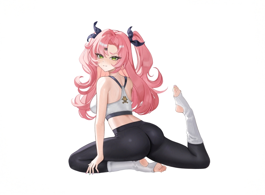 1girl absurdres alternate_costume ass back bare_shoulders black_pants bra closed_mouth commentary english_commentary feet from_side full_body green_eyes hair_ornament hairclip highres jyn_jyn long_hair looking_at_viewer looking_back mole mole_under_eye nicole_demara pants pink_hair shoulder_blades simple_background solo sports_bra stirrup_legwear stretching tight_clothes tight_pants toeless_legwear toeless_socks toes twintails two_side_up underwear white_background white_bra zenless_zone_zero