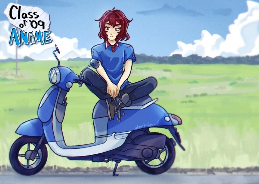 1girl ari_(class_of_09) blue_shirt blue_sky boots class_of_09 cloud derkdrew124 grass indian_style medium_hair moped motor_vehicle on_scooter pants patch purple_eyes red_hair scooter shirt short_sleeves shoulder_patch sitting sky slice_of_life watermark