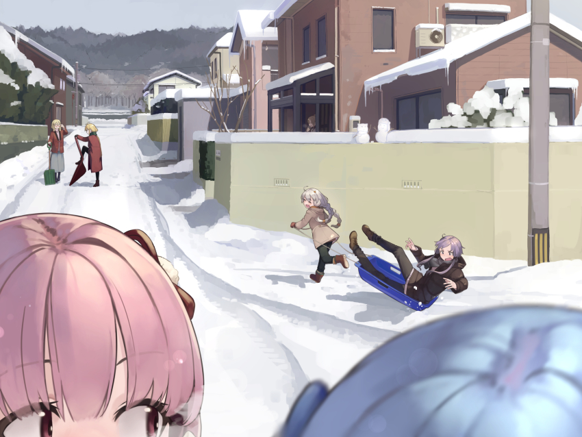 6+girls blonde_hair blue_hair boots braid building coat commentary closed_eyes glasses grey_hair hair_ribbon haruno_sora highres house icicle kizuna_akari kotonoha_akane kotonoha_aoi kuz long_hair looking_at_another mountain multiple_girls open_mouth out_of_frame outdoors pink_eyes pink_hair pulling purple_eyes purple_hair red-framed_eyewear ribbon road scarf scenery shovel sitting skirt sled smile snow standing street tree tsurumaki_maki twin_braids voiceroid winter yuzuki_yukari