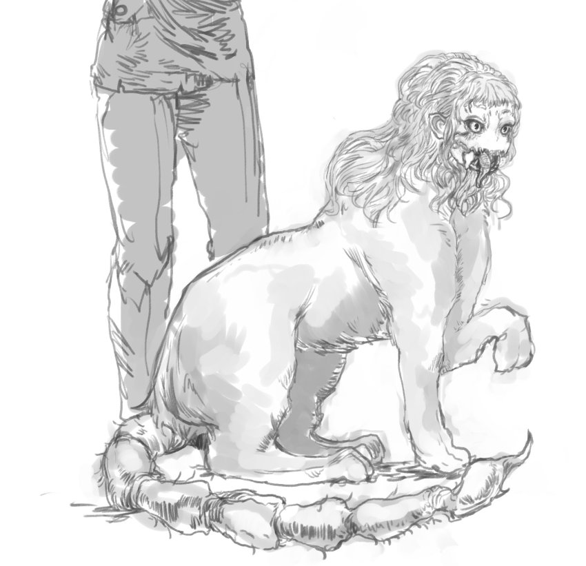 1boy 1girl animal_hands highres manticore megrim_haruyo monochrome monster_girl original scorpion_tail sitting sketch sphinx tail tongue tongue_out wavy_hair