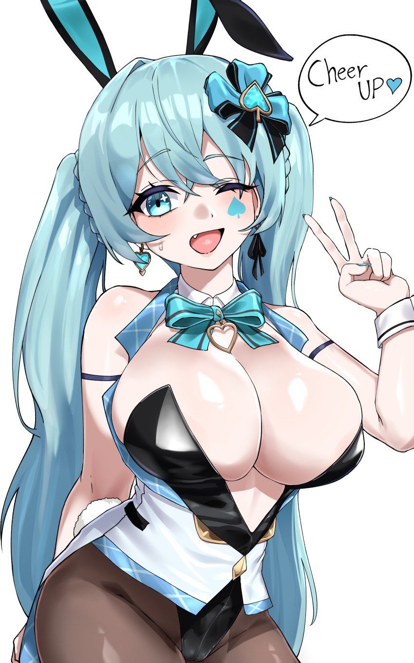 1girl absurdres animal_ears black_leotard black_survival blue_eyes blue_hair bow bowtie breasts cleavage detached_collar earrings emma_hardy english_text eternal_return:_black_survival fake_animal_ears fang hahyaha hair_ornament highres jewelry korean_commentary leotard long_hair looking_at_viewer nail_polish one_eye_closed open_mouth pantyhose playboy_bunny rabbit_ears rabbit_tail simple_background solo speech_bubble strapless strapless_leotard tail twintails v very_long_hair white_background wrist_cuffs