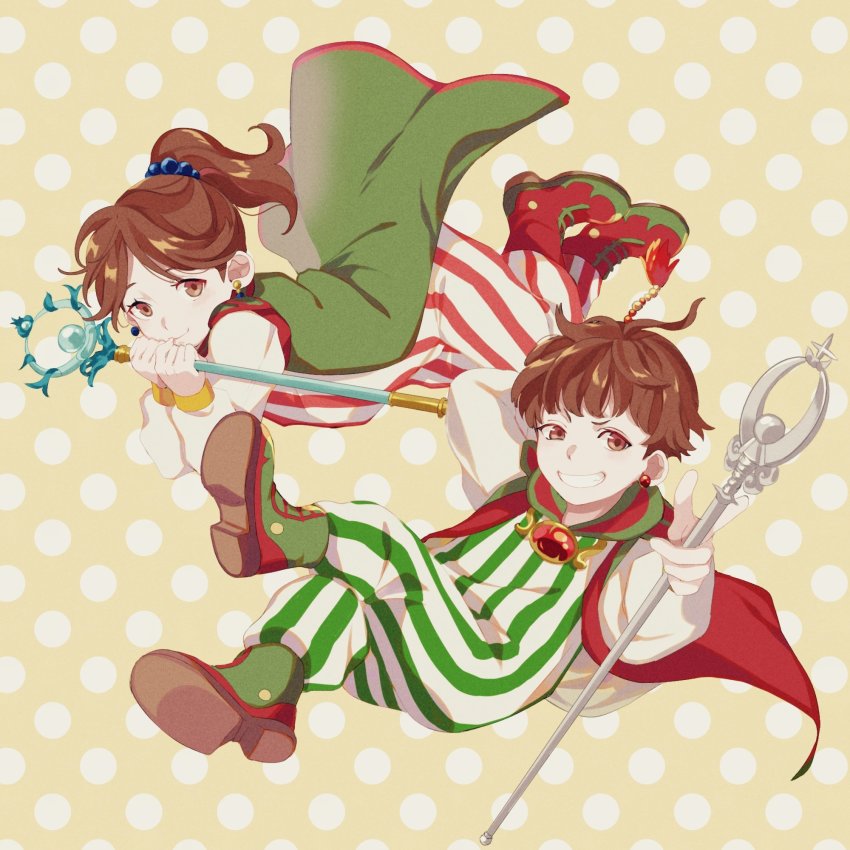 1boy 1girl brother_and_sister brown_hair cape closed_mouth earrings final_fantasy final_fantasy_iv highres jewelry looking_at_viewer medium_hair open_mouth palom ponytail porom siblings smile staff twins yawai_tofu