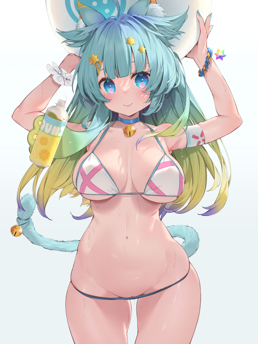 1girl animal_ears aqua_hair aqua_nails arms_up ball bikini blonde_hair blue_background blue_hair blunt_bangs bottle breasts cat_ears cat_tail closed_mouth gradient_background gradient_hair highres holding holding_ball indie_virtual_youtuber lanmewko large_breasts long_hair looking_at_viewer lowleg lowleg_bikini multicolored_hair nail_polish navel solo sweat swimsuit tail virtual_youtuber waterring