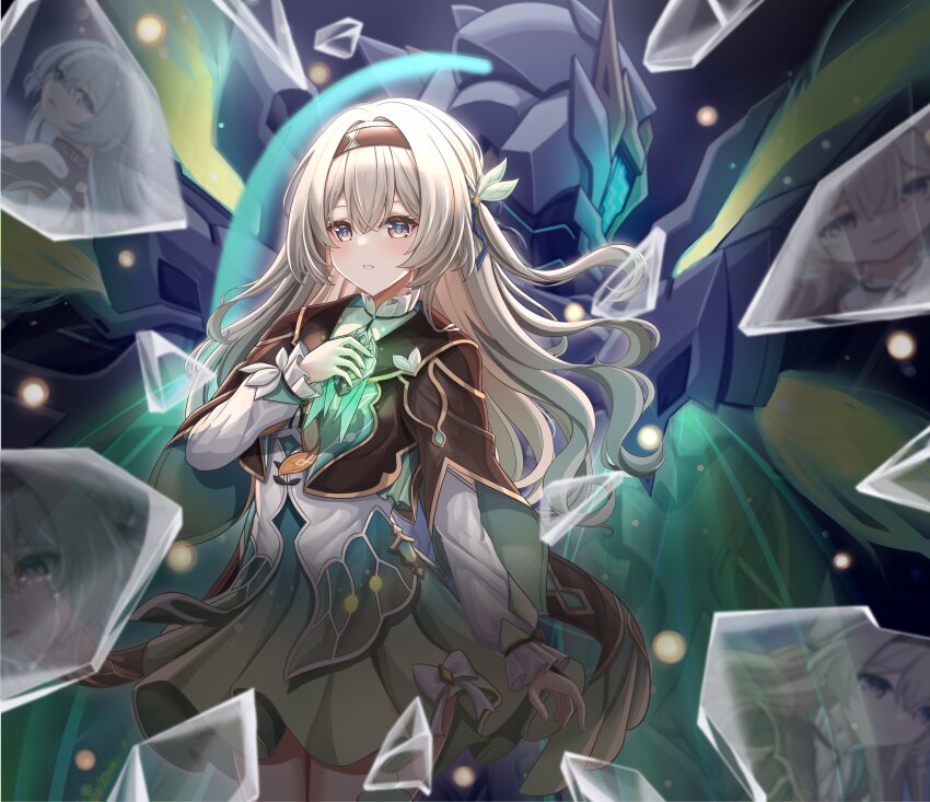 1girl absurdres armor black_hairband breasts broken_glass collared_shirt cropped_jacket crying crying_with_eyes_open firefly_(ar-26710)_(honkai:_star_rail) firefly_(honkai:_star_rail) frilled_sleeves frills glass green_skirt grey_hair hair_between_eyes hairband highres honkai:_star_rail honkai_(series) ke-zu long_hair long_sleeves looking_at_viewer medium_breasts multicolored_eyes neckerchief orange_neckerchief parted_lips pilot_suit power_armor sam_(honkai:_star_rail) shirt skirt smile tears two-tone_eyes white_armor