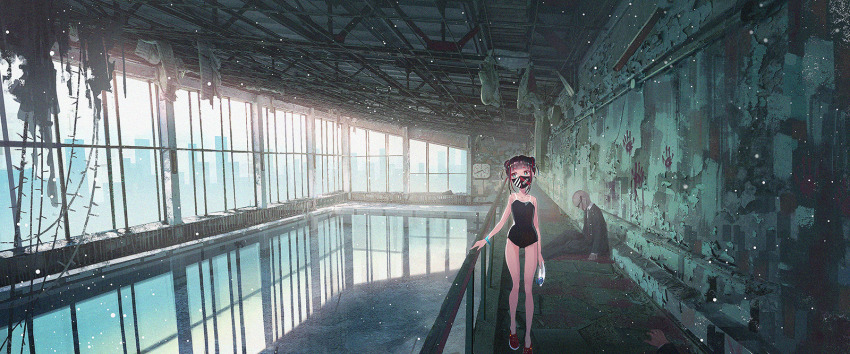 1boy 1girl arms_at_sides bag bare_legs black_one-piece_swimsuit blood blood_on_face blood_splatter bloody_handprints blue_eyes bracelet ceiling clock commentary_request crocs double_bun formal_clothes hair_bun hand_on_railing handprint highres holding holding_bag indoors jewelry looking_to_the_side mask medium_hair miyoshi_nao_(miyoshist) one-piece_swimsuit original railing red_footwear scenery sideways_glance sitting skyline solo_focus standing suit sunglasses sunlight swimsuit wide_shot window