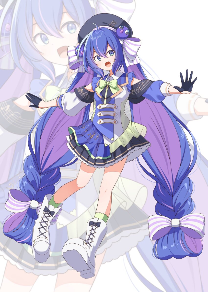 1girl :d absurdly_long_hair ahoge ascot asymmetrical_sleeves bass_clef beret black_ascot black_gloves black_hat black_skirt blue_eyes blue_hair blue_jacket blue_overskirt boots bow bowtie braid buttons chaakusu clothing_cutout collared_jacket collared_shirt colored_inner_hair commentary_request double-breasted eighth_note eighth_rest forte_(symbol) fortissimo frilled_skirt frills full_body gloves green_bow green_bowtie green_eyes green_socks hair_between_eyes hair_bow half_gloves hat hat_ornament hat_ribbon highres horizontal-striped_bow jacket kneehighs long_hair looking_at_viewer low-braided_long_hair low-tied_long_hair mismatched_sleeves multicolored_eyes multicolored_hair multicolored_jacket musical_note musical_note_hat_ornament musical_note_print musical_staff musical_staff_print open_mouth otomachi_una otomachi_una_(sv) outstretched_arms overskirt platform_boots pleated_skirt puffy_sleeves purple_hair purple_streaks purple_stripes quarter_note ribbon see-through_overskirt shirt shoulder_cutout sidelocks skirt sleeve_cuffs smile socks solo spread_arms standing streaked_hair striped_clothes striped_ribbon synthesizer_v three-quarter_sleeves treble_clef twintails two-tone_eyes two-tone_hair vertical-striped_clothes very_long_hair white_background white_boots white_bow white_ribbon white_shirt zoom_layer