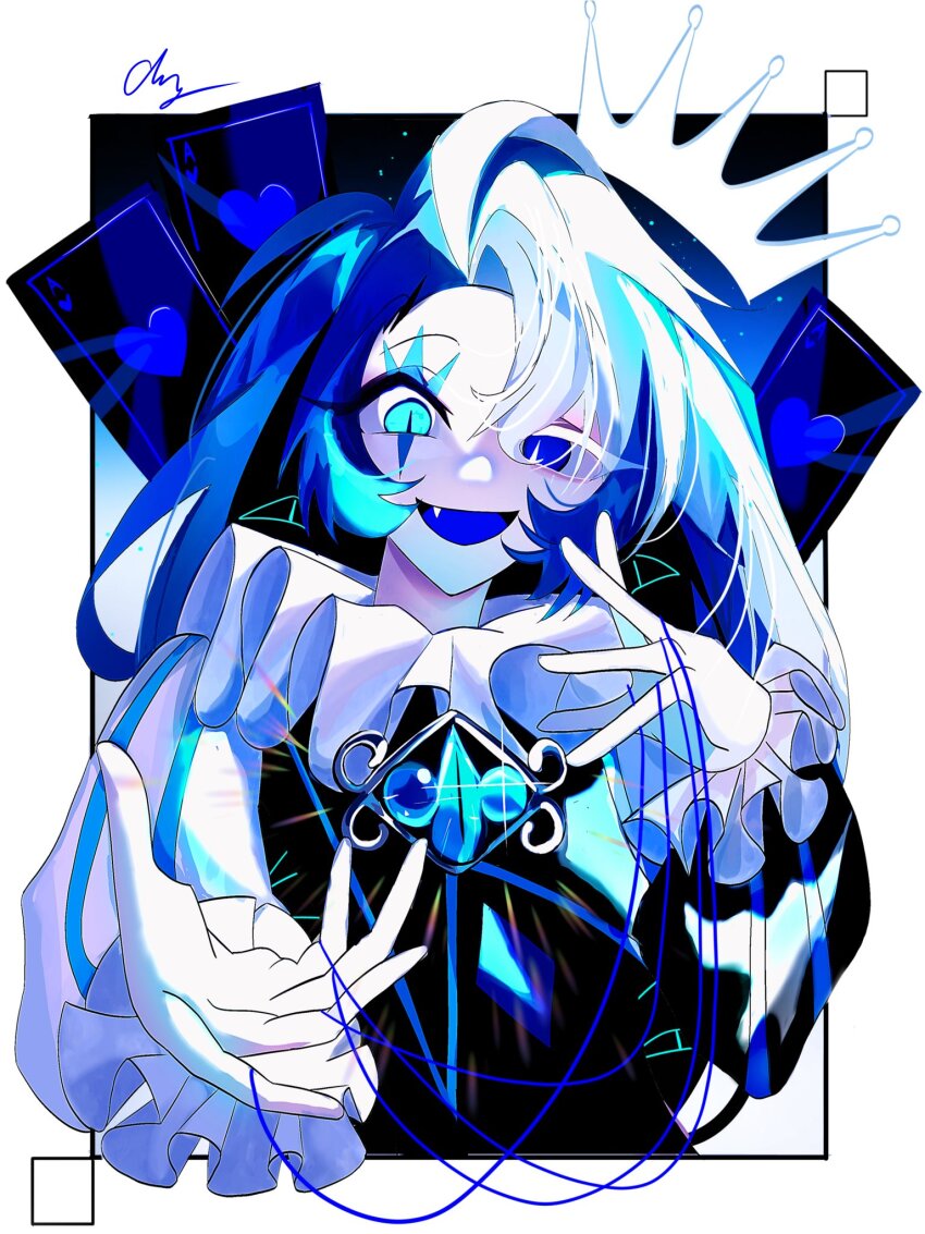 1boy 1girl blue_eyes blue_hat blue_skin colored_skin cookie_run cookie_run:_kingdom cosplay eye_brooch eye_print hat highres humanization jester jester_cap long_hair long_sleeves looking_at_viewer male_focus neck_ruff ppung331420 puffy_long_sleeves puffy_sleeves shadow_milk_cookie shadow_milk_cookie_(cosplay) simple_background smile solo very_long_hair white_hair