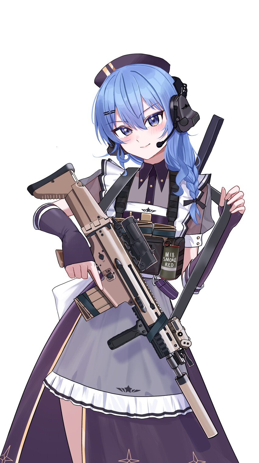 1girl absurdres ammunition_pouch apron assault_rifle black_dress black_gloves black_hat blue_eyes blue_hair braid bulletproof_vest chrispy_tuna closed_mouth collared_dress commentary cowboy_shot double-parted_bangs dress elbow_gloves english_commentary fingerless_gloves fn_scar gloves grey_apron gun hair_ornament hair_over_shoulder hairclip hat headset highres holding holding_gun holding_weapon hololive hoshimachi_suisei hoshimachi_suisei_(maid) long_hair looking_at_viewer maid official_alternate_costume official_alternate_hairstyle pouch puffy_short_sleeves puffy_sleeves rifle see-through_clothes see-through_sleeves short_sleeves side_braid simple_background single_braid smile smoke_grenade solo star_(symbol) star_in_eye suppressor symbol_in_eye trigger_discipline vertical_foregrip virtual_youtuber weapon white_background