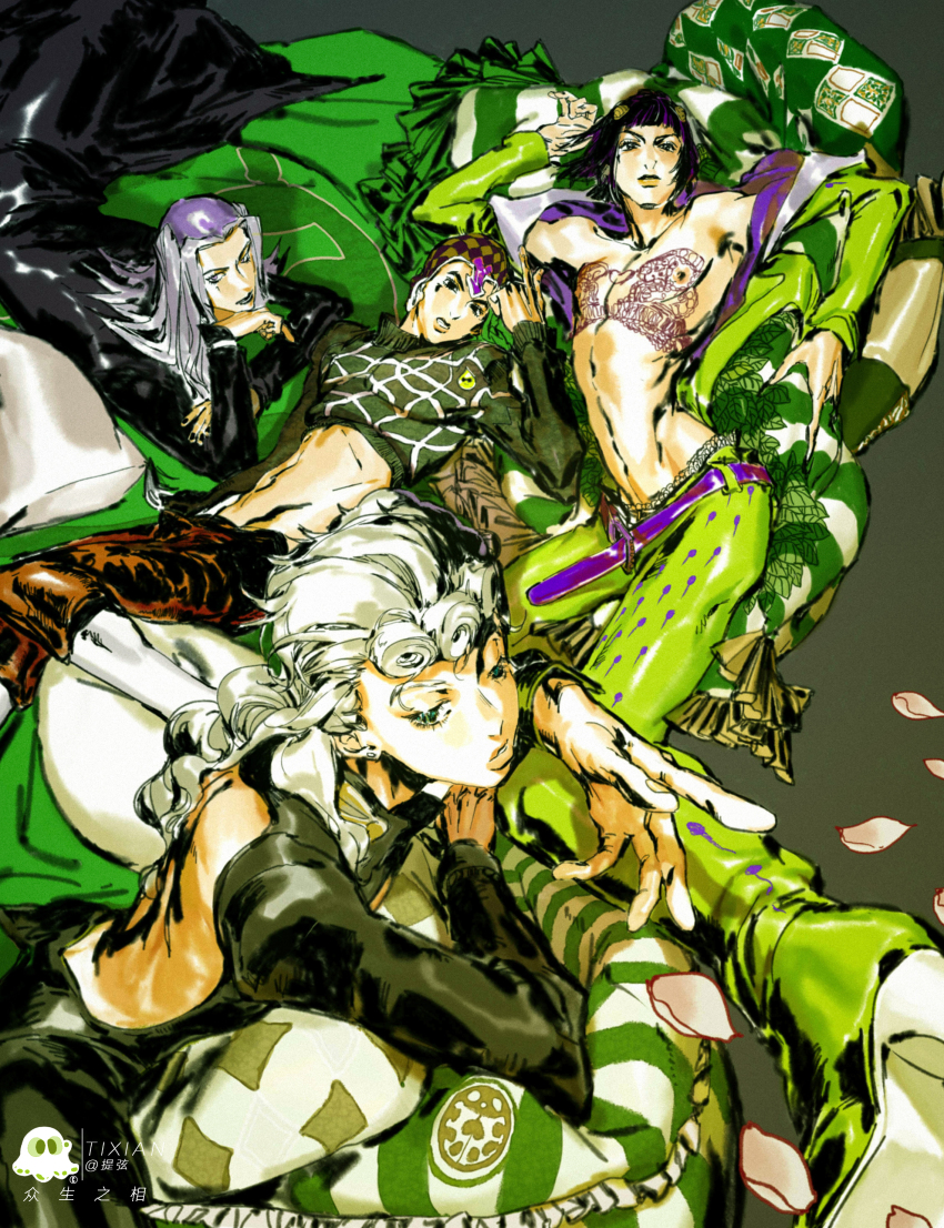 4boys absurdres argyle_clothes argyle_sweater bruno_bucciarati chest_tattoo commentary giorno_giovanna guido_mista highres jojo_no_kimyou_na_bouken leone_abbacchio long_hair midriff multiple_boys nipples petals sweater tattoo tixili vento_aureo