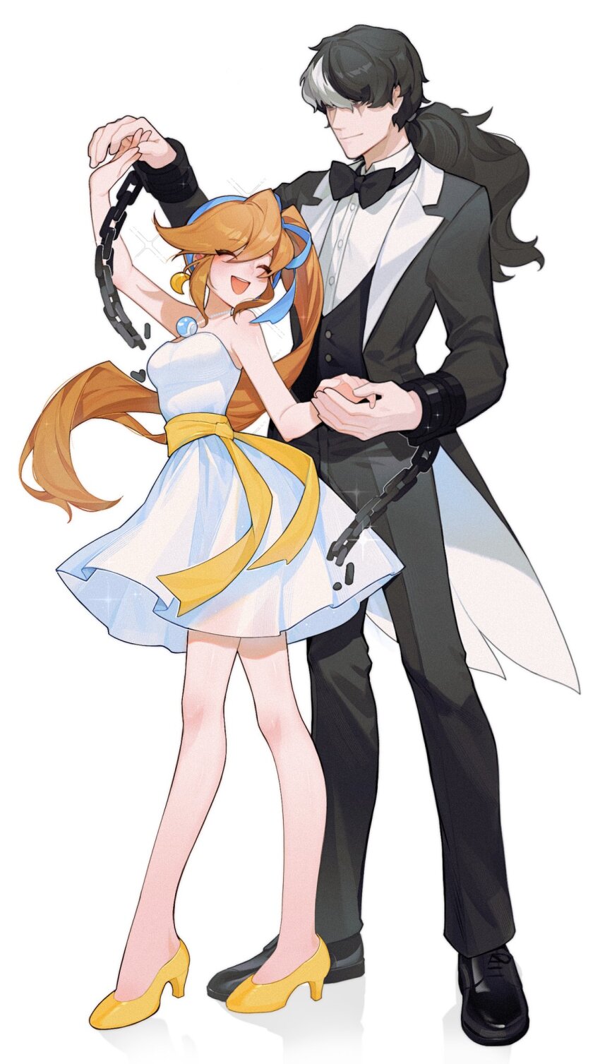 1boy 1girl ace_attorney athena_cykes black_bow black_bowtie black_hair black_jacket black_pants black_vest blue_ribbon bow bowtie chain closed_eyes closed_mouth dancing dress earrings full_body hair_between_eyes hair_ribbon hetero high_heels highres jacket jewelry long_hair multicolored_hair necklace open_clothes open_jacket open_mouth orange_hair pants phoenix_wright:_ace_attorney_-_dual_destinies ponytail ribbon salted_whale shirt shoes side_ponytail simon_blackquill simple_background single_earring sparkle standing strapless strapless_dress vest white_background white_dress white_hair white_shirt