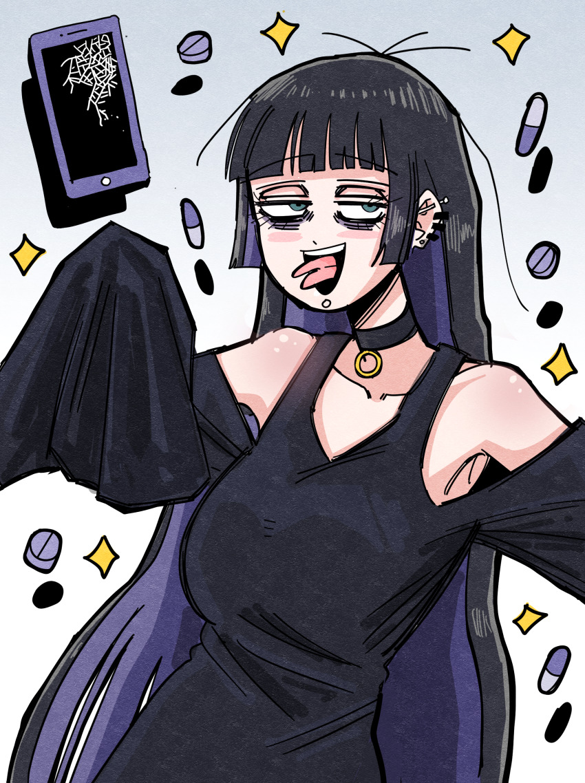 1girl absurdres aqua_eyes black_choker black_dress black_eyeliner black_hair blunt_bangs bocchi_the_rock! broken_screen cellphone choker colored_inner_hair commentary dress drugs ear_piercing eyeliner forked_tongue hansoom_(latebirdwakeup) highres hime_cut korean_commentary labret_piercing long_hair long_sleeves makeup multicolored_hair pa-san phone piercing pill purple_hair rolling_eyes smartphone solo sparkle tongue tongue_out upper_body white_background