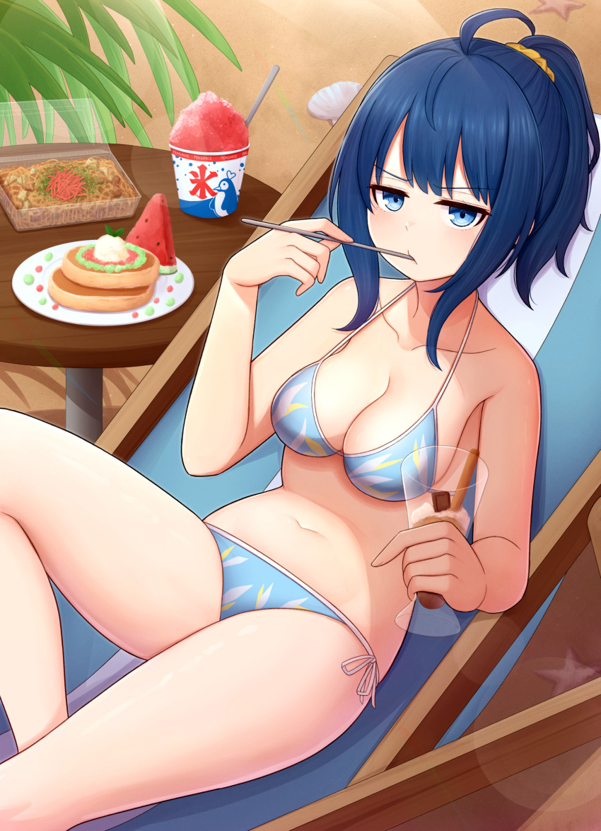 1girl absurdres ahoge atorie bikini blue_bikini blue_eyes blue_hair breasts chair cleavage commentary_request feet_out_of_frame food fruit glutton highres ice_cream lounge_chair make_heroine_ga_oo_sugiru! medium_breasts medium_hair navel pancake ponytail shaved_ice short_ponytail sidelocks solo swimsuit watermelon yakisoba yanami_anna