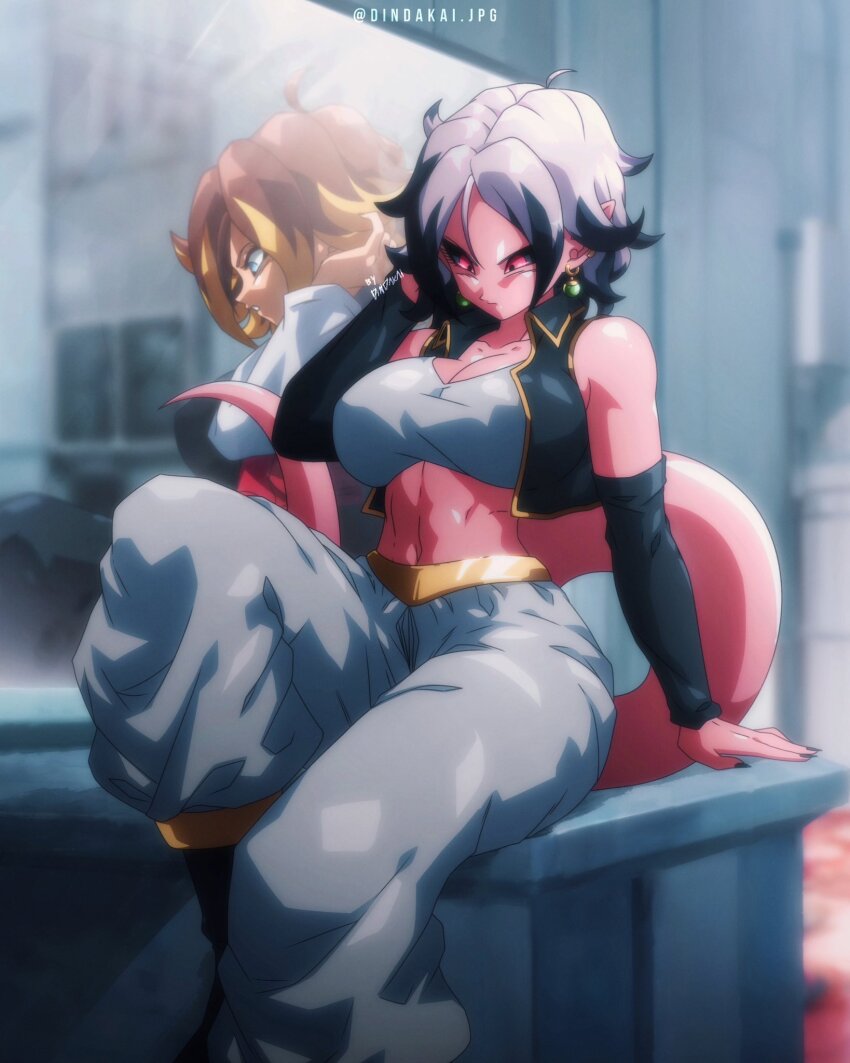 1girl android_18 android_21 artist_name black_hair black_nails black_sclera blonde_hair blue_eyes boots breasts brown_hair colored_sclera colored_skin dark_persona detached_sleeves dindakai dragon_ball dragon_ball_fighterz dragon_ball_super earrings fusion hand_on_own_head highres jewelry large_breasts looking_down majin_android_21 mirror multicolored_hair multiple_persona pants pink_skin potara_earrings red_eyes reflection short_hair sitting tail vest white_hair
