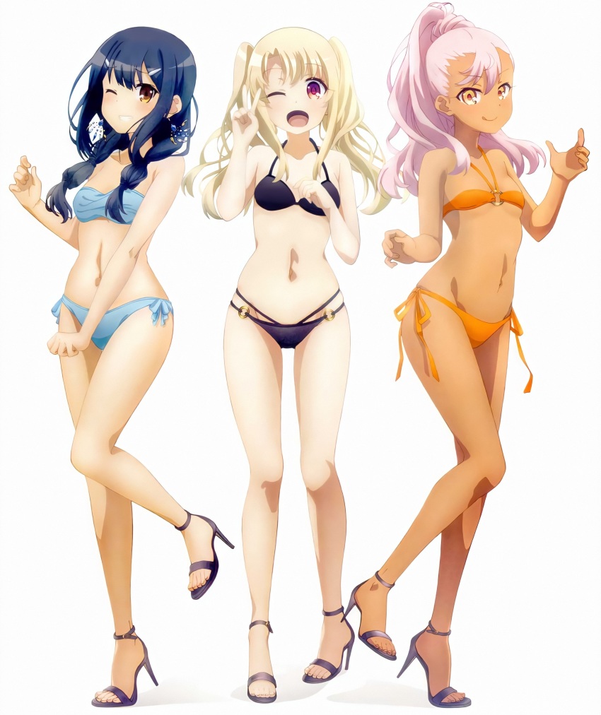 3girls :q absurdres alternate_hairstyle bare_shoulders bikini black_bikini black_hair blonde_hair blue_bikini blush breasts brown_eyes chloe_von_einzbern color_issue dark-skinned_female dark_skin earrings fate/kaleid_liner_prisma_illya fate_(series) full_body hair_ornament hairclip halterneck high_heels high_ponytail highres illyasviel_von_einzbern jewelry long_hair miyu_edelfelt multiple_girls navel o-ring o-ring_bikini o-ring_bottom o-ring_top official_art open_mouth orange_bikini orange_eyes pink_hair ponytail side-tie_bikini_bottom simple_background small_breasts smile strapless swimsuit symmetry third-party_source tongue tongue_out tube_top twintails two_side_up v