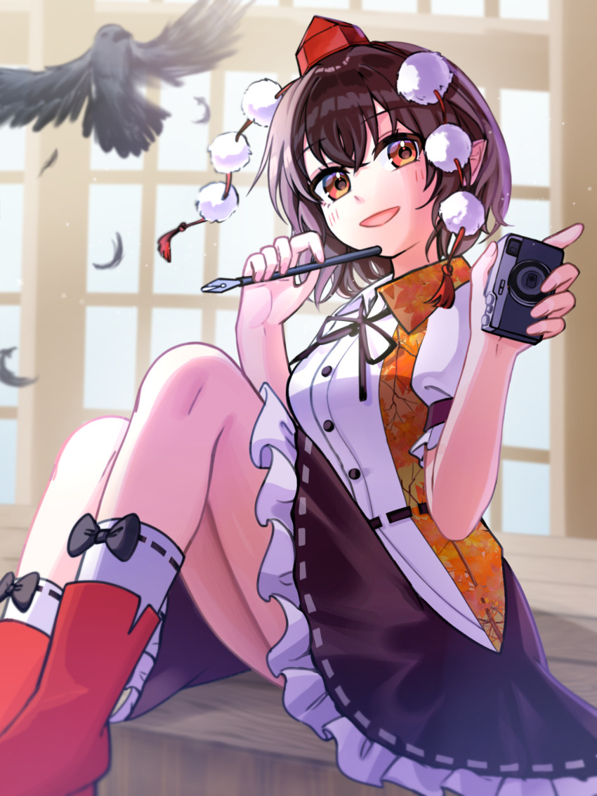 1girl :d ankle_boots ankle_socks bird black_ribbon black_skirt boots breasts brown_eyes brown_hair camera collared_shirt commentary_request crow falling_feathers feathers frilled_skirt frills happy hat highres holding holding_camera holding_pen leaf_print looking_at_viewer mayu25_mayu25 neck_ribbon nib_pen_(object) open_mouth pen pointy_ears red_boots red_eyes red_hat ribbon shameimaru_aya shirt short_hair sitting skirt sliding_doors small_breasts smile socks solo tassel tokin_hat touhou white_shirt white_socks