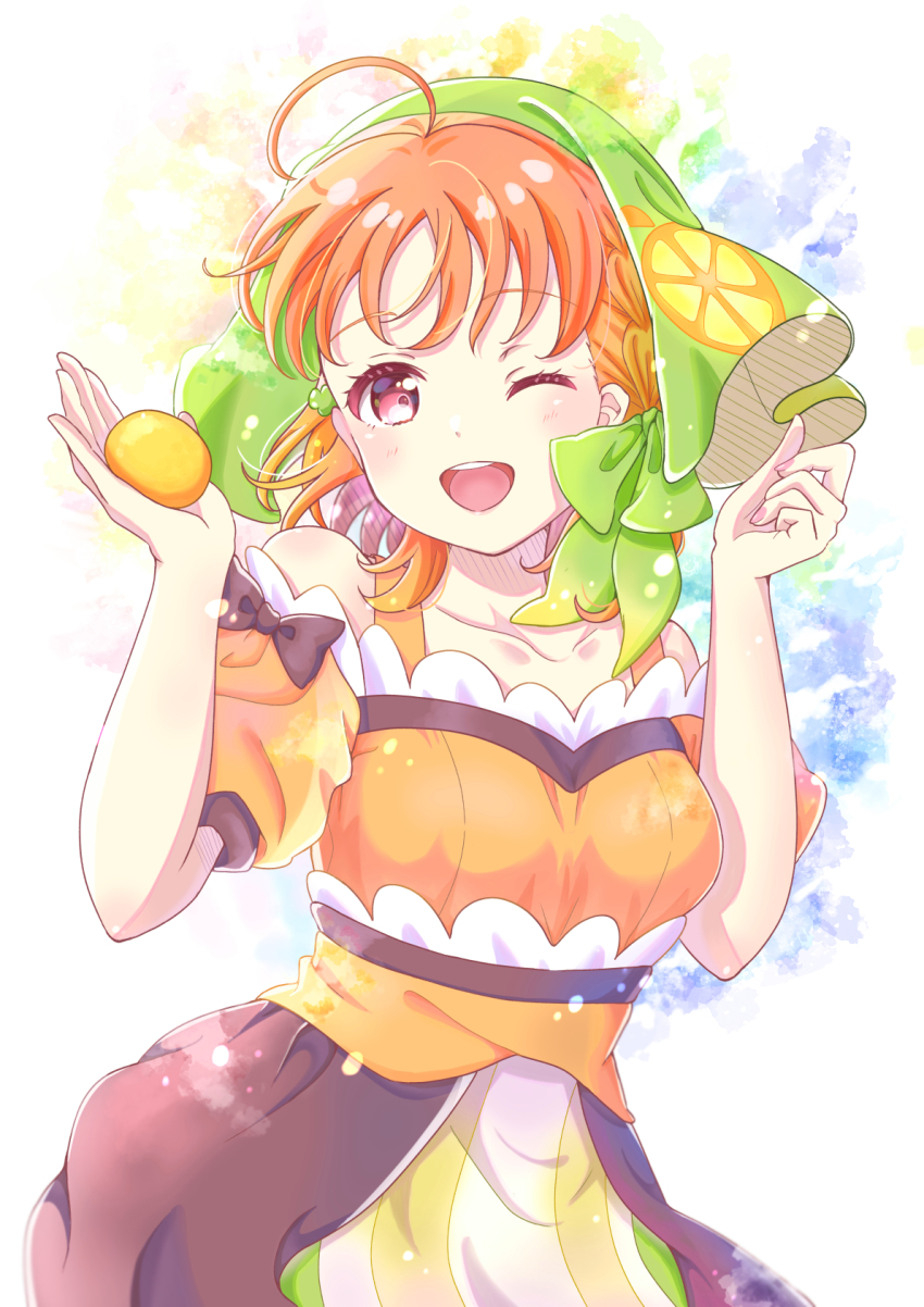 1girl ;d ahoge blue_background bow braid breasts chika_(genjitsu_no_yohane) clover_hair_ornament collarbone commentary food fruit genjitsu_no_yohane green_bow green_hat hair_bow hair_ornament hands_up hat highres holding holding_food holding_fruit iroenpitsu_xxx looking_at_viewer love_live! love_live!_sunshine!! mandarin_orange medium_breasts multicolored_background off-shoulder_shirt off_shoulder one_eye_closed open_mouth orange_hair orange_shirt puffy_short_sleeves puffy_sleeves red_eyes shirt short_sleeves side_braid skirt smile solo takami_chika teeth upper_body upper_teeth_only white_background white_skirt yellow_background