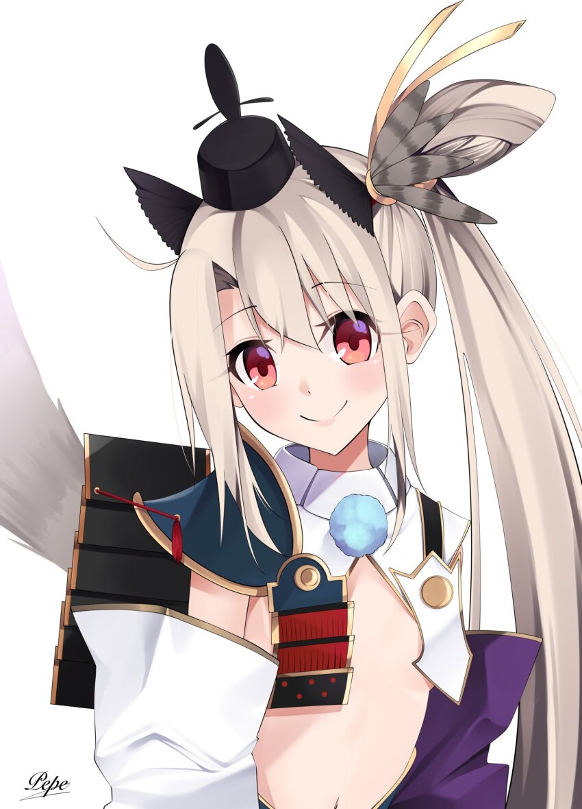 1girl armor blush breast_curtains breasts cosplay detached_sleeves fate/grand_order fate/kaleid_liner_prisma_illya fate_(series) feather_hair_ornament feathers hair_ornament hat highres illyasviel_von_einzbern japanese_armor long_hair looking_at_viewer navel pei_iriya red_eyes sidelocks small_breasts smile solo ushiwakamaru_(fate) ushiwakamaru_(fate)_(cosplay) very_long_hair white_hair