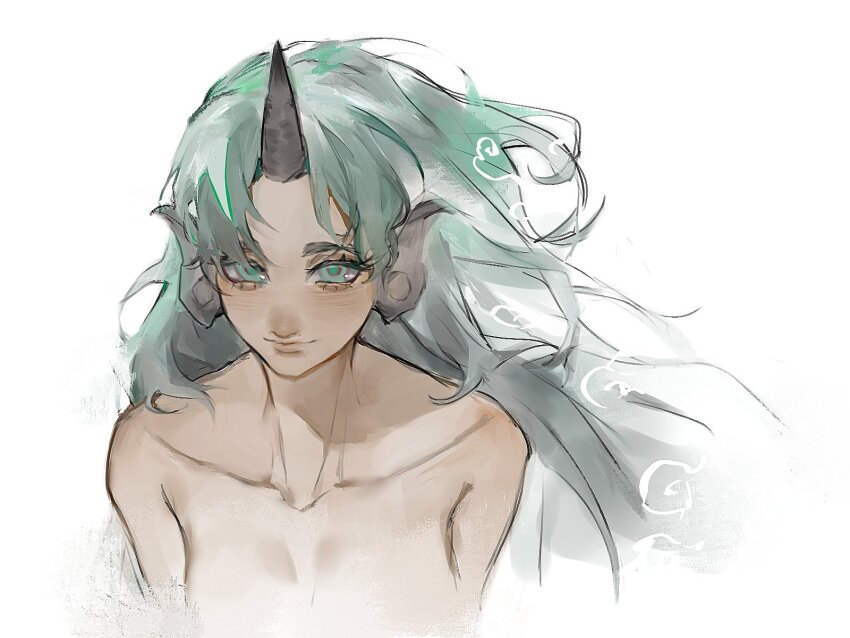 1girl bare_shoulders breasts closed_mouth cropped_torso eyelashes green_hair heinrich_(fernanderuddle) highres horns komano_aunn light_smile long_hair looking_at_viewer medium_breasts simple_background single_horn solo topless_female touhou upper_body very_long_hair white_background wind