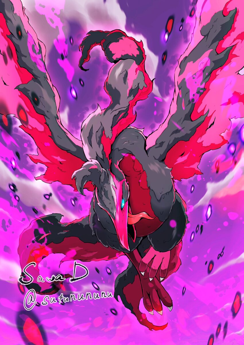 beak bird blue_eyes fire galarian_form galarian_moltres gen_8_pokemon highres legendary_pokemon midair nintendo no_humans pokemon pokemon_(creature) pokemon_focus purple_fire sawa_d solo talons tongue tongue_out
