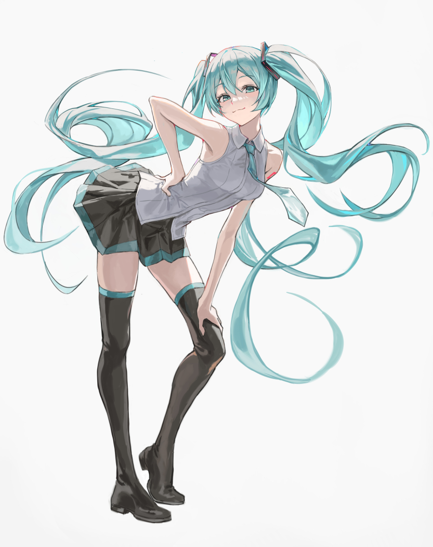 1girl absurdres alohayuja aqua_eyes aqua_hair aqua_necktie bare_arms bare_shoulders bent_over black_boots black_skirt boots breasts closed_mouth collared_shirt double-parted_bangs floating_hair floating_neckwear grey_shirt hair_between_eyes hair_ornament hand_on_own_hip hand_on_own_thigh hatsune_miku heel_up high_heel_boots high_heels highres leaning_forward long_hair looking_at_viewer medium_breasts necktie pleated_skirt shirt simple_background skirt sleeveless sleeveless_shirt smile solo standing thigh_boots twintails very_long_hair vocaloid white_background