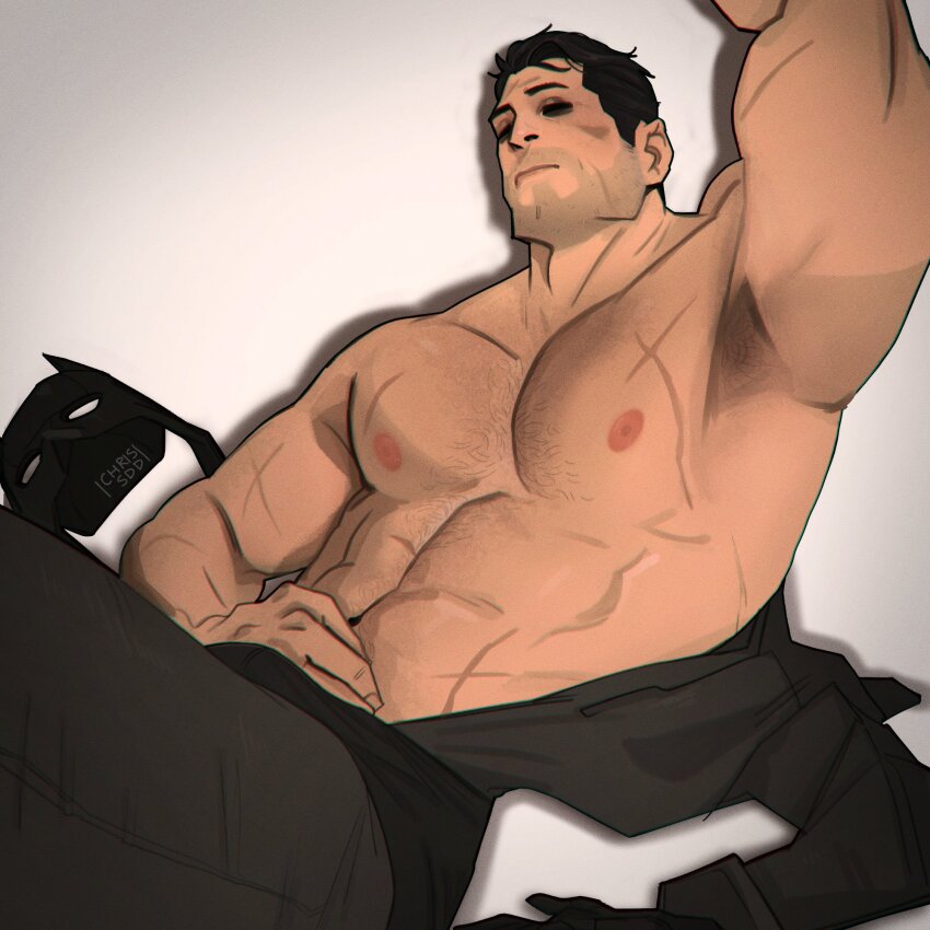 1boy armpit_hair armpits bara batman batman_(series) beard_stubble black_hair bruce_wayne chris_sdd closed_eyes cowl dc_comics facial_hair hand_on_own_stomach highres mature_male muscular muscular_male nipples partially_undressed pectorals short_hair simple_background stubble superhero_costume