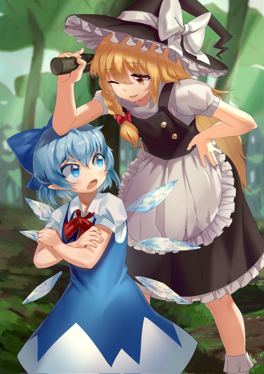 2girls angry apron black_dress black_footwear blonde_hair blouse blue_bow blue_dress blue_eyes blue_hair bow braid broom cirno collared_shirt crossed_arms dress fairy_wings flat_chest forest frilled_dress frills hair_bow hat hat_bow highres hxj_(2324184595) ice ice_wings kirisame_marisa long_dress long_hair multiple_girls nature neck_ribbon one_eye_closed outdoors pinafore_dress puffy_short_sleeves puffy_sleeves red_bow red_ribbon ribbon shirt short_hair short_sleeves side_braid single_braid sleeveless_dress smile socks touhou v-shaped_eyebrows waist_apron white_bow white_legwear white_shirt wings witch_hat yellow_eyes