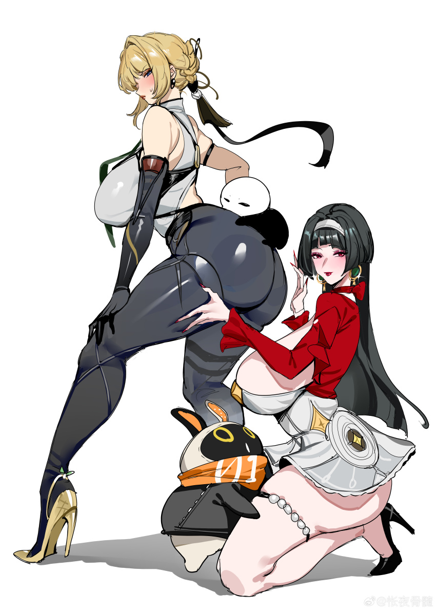 2girls absurdres ass astra_yao b.sa_(bbbs) bird black_hair blonde_hair blue_eyes blush breasts earrings evelyn_chevalier hairband high_heels highres huge_ass huge_breasts jewelry long_hair looking_at_viewer multiple_girls penguin shirt simple_background skirt thick_thighs thigh_strap thighs white_background zenless_zone_zero