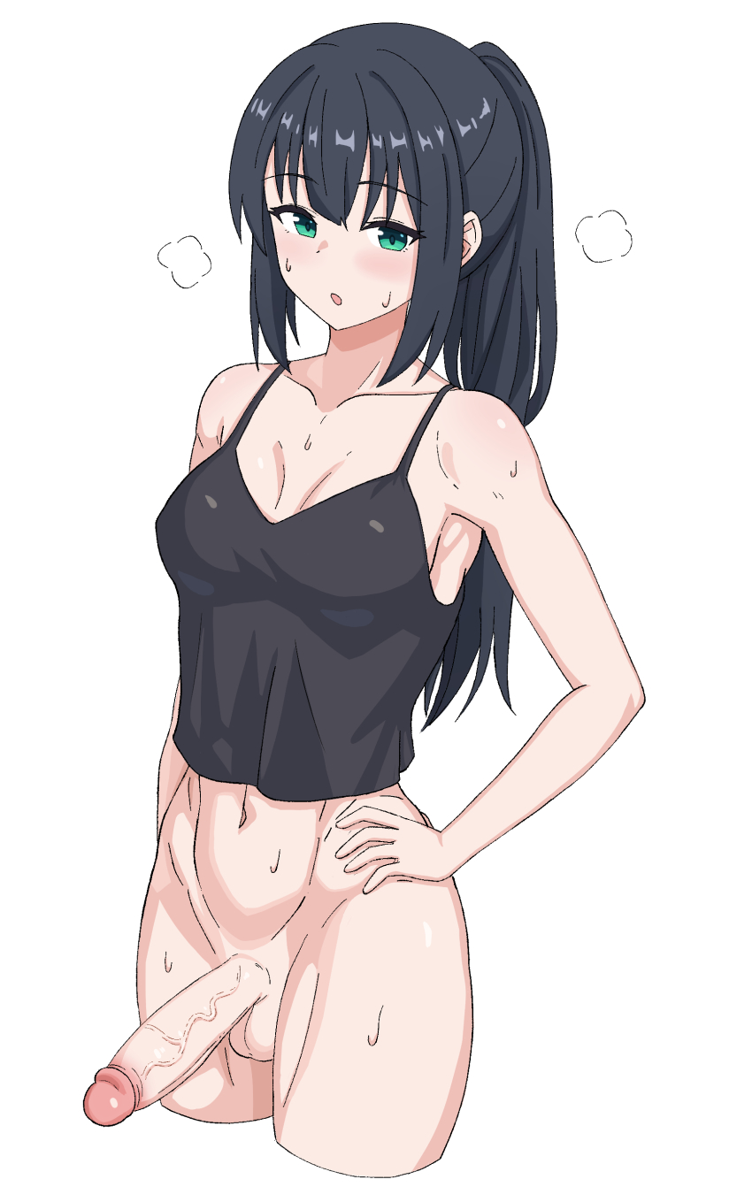1futa absurdres bare_arms black_hair black_tank_top blush breasts breath cropped_legs futanari green_eyes half-erect hand_on_own_hip highres kurofuro long_hair medium_breasts navel original penis ponytail sidelocks simple_background solo sweat tank_top testicles toned uncensored veins veiny_penis white_background