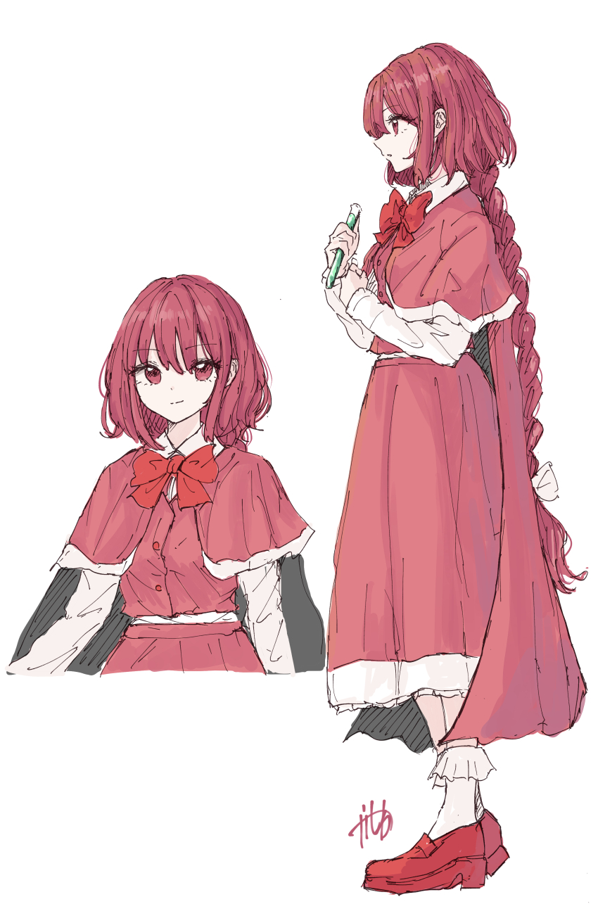 1girl absurdres bobby_socks bow bowtie braid braided_ponytail cloak commentary highres kashiwada_kiiho long_hair long_sleeves looking_ahead looking_at_viewer multiple_views okazaki_yumemi red_bow red_bowtie red_cloak red_eyes red_hair red_shoes red_skirt red_vest shirt shoes signature simple_background skirt smile socks touhou touhou_(pc-98) very_long_hair vest white_background white_shirt white_socks