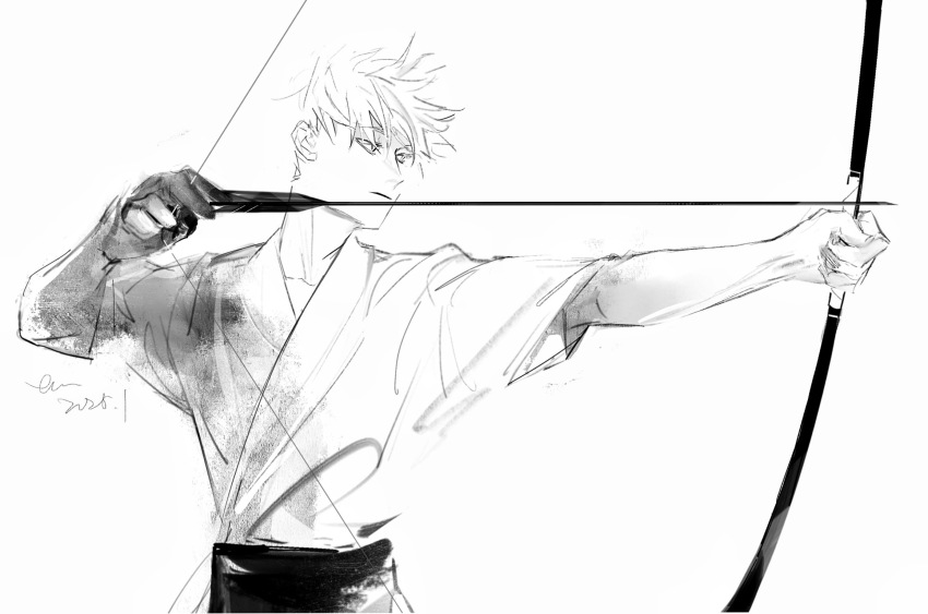 1boy archery arrow_(projectile) artistguillotine bow_(weapon) chinese_commentary closed_mouth commentary_request dated gojou_satoru greyscale highres holding holding_bow_(weapon) holding_weapon japanese_clothes jujutsu_kaisen kimono kyuudou monochrome short_hair short_sleeves signature simple_background sketch solo upper_body weapon white_background yumi_(bow)