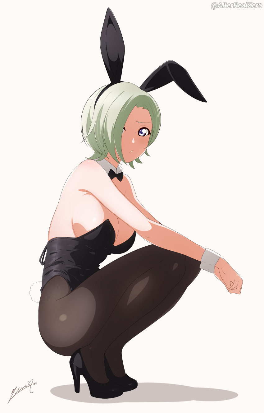 1girl :/ absurdres alterrealzero animal_ears arms_on_knees artist_name bare_arms bare_shoulders black_bow black_bowtie black_hairband black_leotard black_pantyhose black_shirt bow bowtie breasts brown_background closed_mouth commentary detached_collar fake_animal_ears fake_tail from_side full_body green_hair hair_over_one_eye hairband high_heels highres large_breasts leotard looking_at_viewer looking_to_the_side love_live! love_live!_nijigasaki_high_school_idol_club mia_taylor one_eye_covered own_hands_together pantyhose playboy_bunny pumps purple_eyes rabbit_ears rabbit_tail shirt short_hair signature simple_background solo squatting strapless strapless_leotard tail twitter_username wrist_cuffs