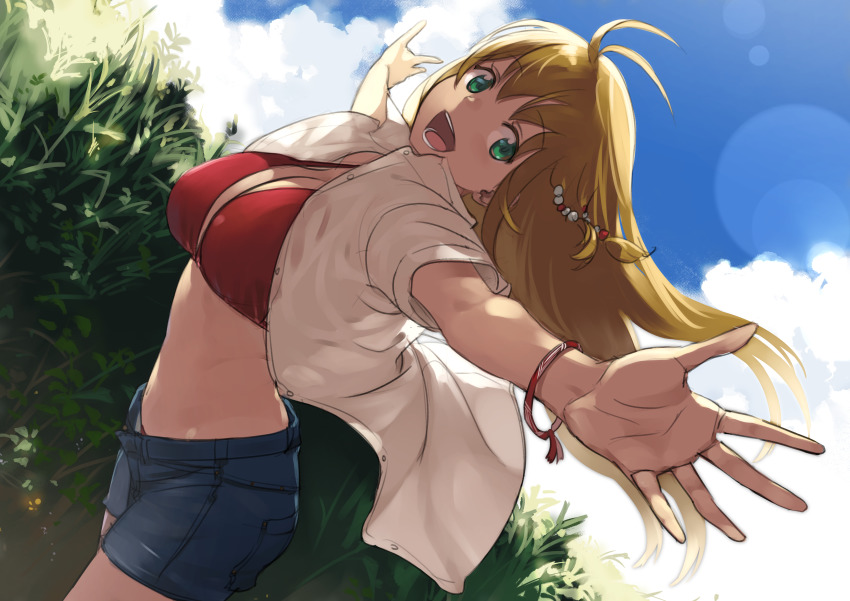 1girl :d absurdres antenna_hair beads bikini bikini_under_clothes blonde_hair blue_shorts blue_sky breasts buttons cleavage cloud cowboy_shot day dutch_angle floating_hair green_eyes hair_beads hair_between_eyes hair_ornament highres large_breasts lens_flare long_hair looking_at_viewer open_fly open_mouth outdoors outstretched_arms red_bikini shirt short_sleeves shorts sky smile solo straight_hair swimsuit tarokazu tsurumaki_maki unbuttoned unbuttoned_shirt very_long_hair voiceroid white_shirt
