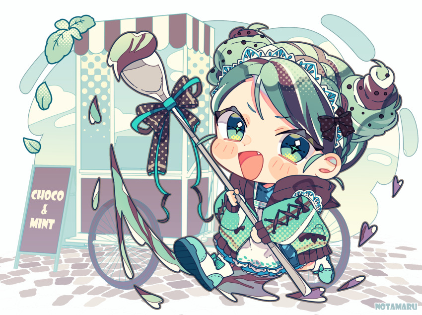 1girl :d black_bow blush_stickers boots bow chibi chibi_only commentary fang full_body green_eyes green_hair green_jacket highres holding holding_spoon jacket long_sleeves looking_at_viewer mint_chocolate notamaru_2 open_mouth original short_hair skirt smile solo spoon v-shaped_eyebrows white_boots white_skirt