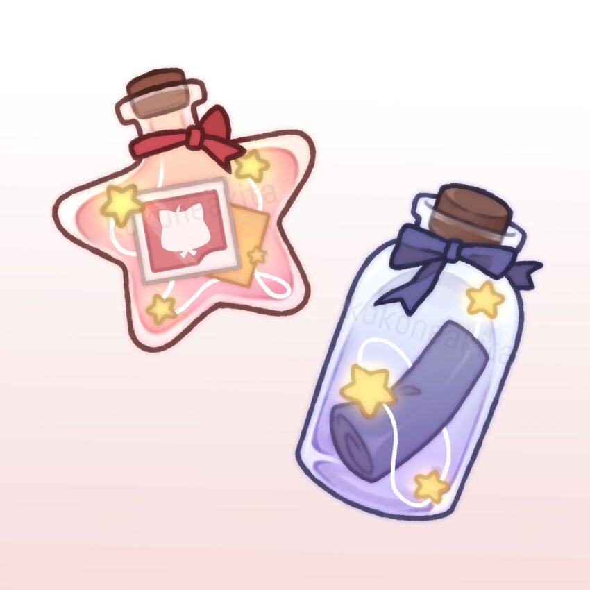 absurdres artist_name blue_bow bow gradient_background highres infinity_nikki jar kokoneakita momo_(nikki) nikki_(series) no_humans object_focus photo_(object) red_background red_bow scroll silhouette star_(symbol) watermark white_background