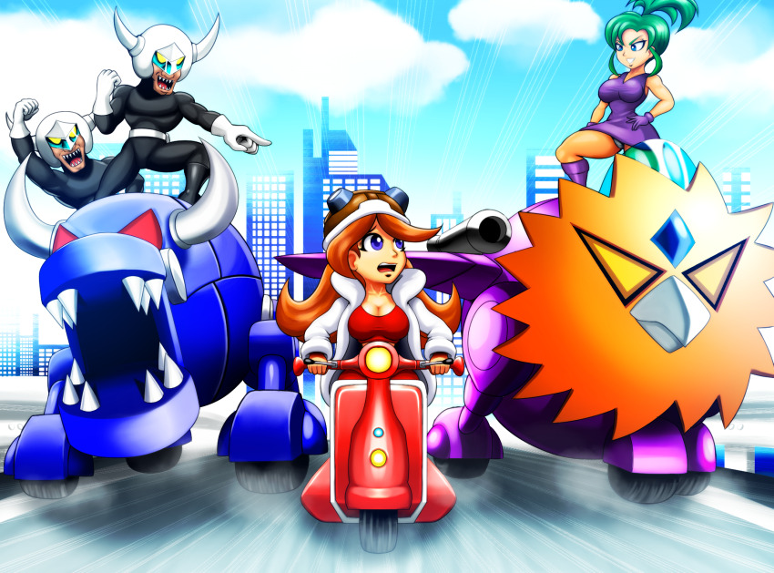2boys 2girls blue_eyes blue_sky cityscape clenched_hand coat dress driving fake_horns gloves green_hair hand_on_own_hip helmet highres highway horned_helmet horns long_hair mona_(warioware) motor_vehicle motorcycle_helmet multiple_boys multiple_girls mystic-man nintendo on_scooter open_mouth orange_hair panties pantyshot purple_dress purple_footwear purple_gloves scooter sharp_teeth sky smirk teeth topknot underwear vanessa_(warioware) warioware white_coat white_gloves