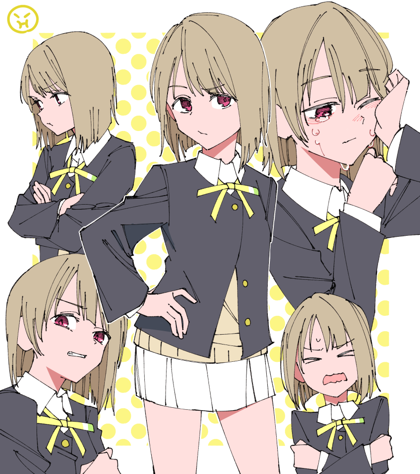 &gt;_&lt; 1girl annoyed black_jacket bob_cut border brown_hair collared_shirt commentary crossed_arms crying crying_with_eyes_open hand_on_own_hip haruruhaharur highres jacket long_sleeves looking_at_viewer love_live! love_live!_nijigasaki_high_school_idol_club multiple_views nakasu_kasumi neck_ribbon nijigasaki_school_uniform outside_border polka_dot polka_dot_background red_eyes ribbon school_uniform shirt short_hair skirt sweater symbol-only_commentary tears white_border white_shirt white_skirt wiping_tears yellow_ribbon yellow_sweater
