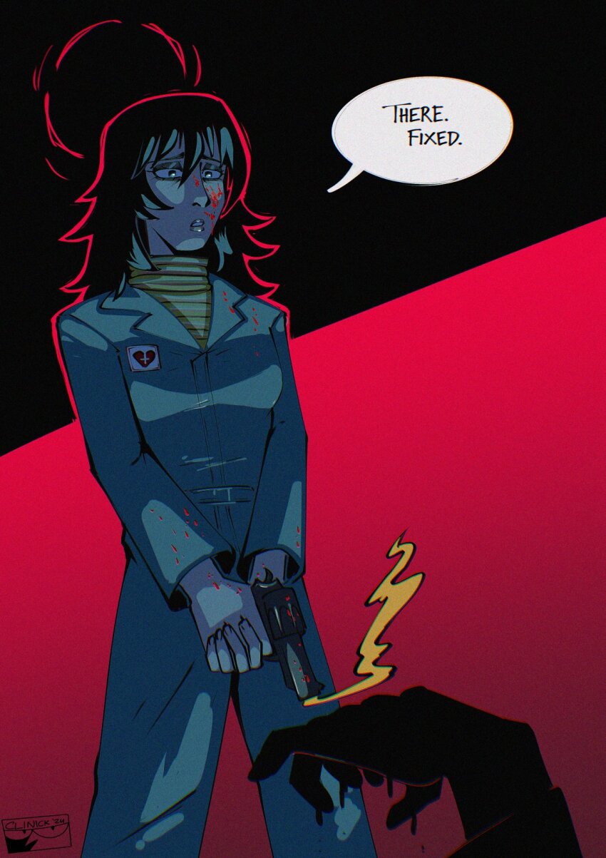 1boy 1girl anya_(mouthwashing) black_hair blood blood_on_clothes blood_on_face blue_eyes blue_jumpsuit breasts clinickcase commentary english_text gradient_background gun handgun highres holding holding_gun holding_weapon jimmy_(mouthwashing) jumpsuit mouthwashing murder revolver signature small_breasts weapon
