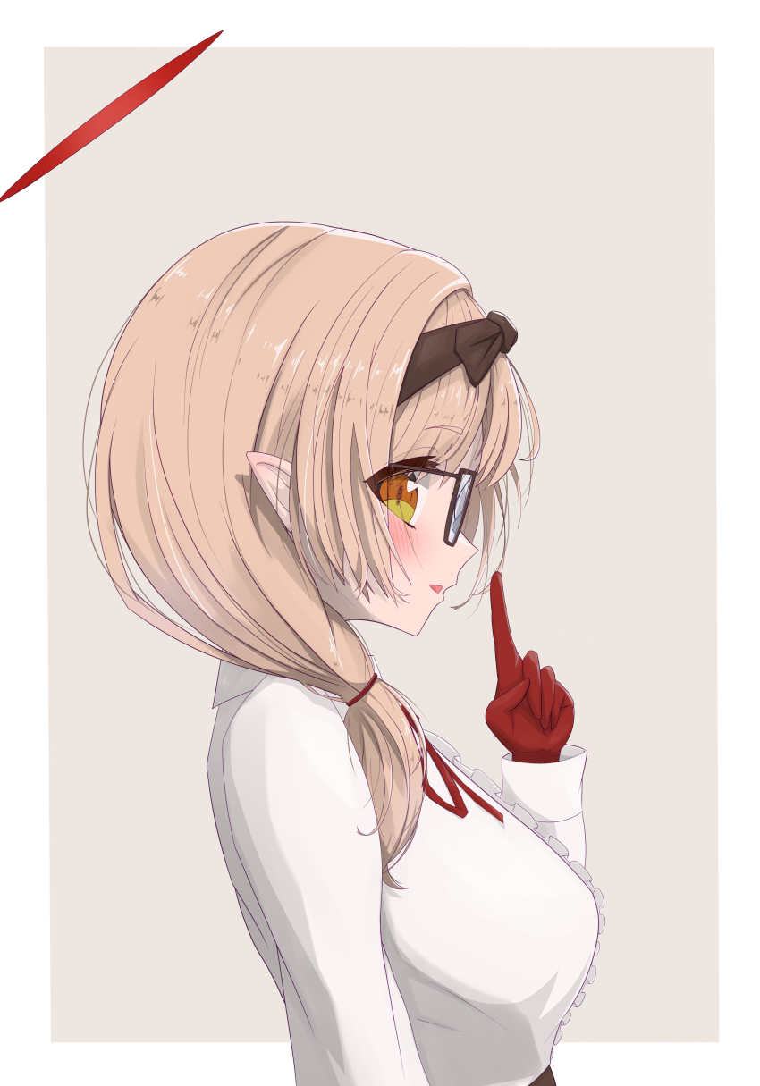 1girl absurdres black-framed_eyewear black_bow blue_archive blush border bow brown_eyes brown_hair center_frills chinatsu_(blue_archive) commentary_request frilled_shirt frills from_side glasses gloves grey_background hair_bow halo hand_up highres index_finger_raised kimagurain long_hair long_sleeves looking_at_viewer neck_ribbon outside_border pointy_ears profile red_gloves red_halo red_ribbon ribbon school_uniform shirt sideways_glance simple_background solo white_border white_shirt