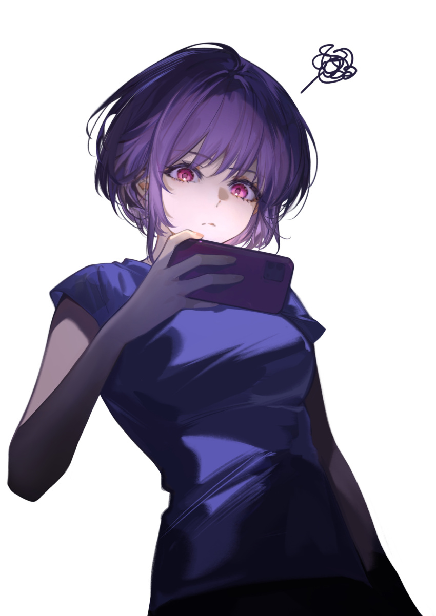 1girl absurdres arlizi bang_dream! bang_dream!_it&#039;s_mygo!!!!! cellphone chinese_commentary commentary_request highres holding holding_phone phone pink_eyes purple_hair purple_shirt shirt short_hair sidelocks simple_background smartphone solo squiggle upper_body white_background yuutenji_nyamu