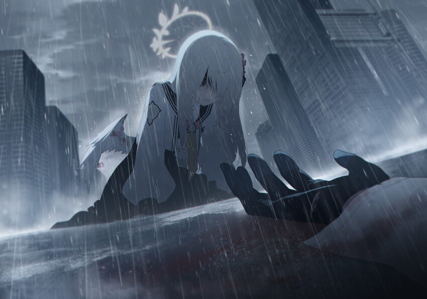 2girls angel_wings artist_request azusa_(blue_archive) black_gloves black_sailor_collar black_skirt black_sleeve_cuffs bleeding blood blood_on_clothes blood_on_ground blue_archive building character_request despair feathered_wings flower game_cg gloves hair_flower hair_ornament halo highres injury lightning_rod long_hair low_wings multiple_girls neckerchief non-web_source official_art on_ground outdoors pink_flower puffy_sleeves rain sailor_collar school_uniform serafuku shaded_face sidelocks skirt spoilers torn_clothes trinity_general_school_logo white_hair wing_ornament wings yellow_halo yellow_neckerchief