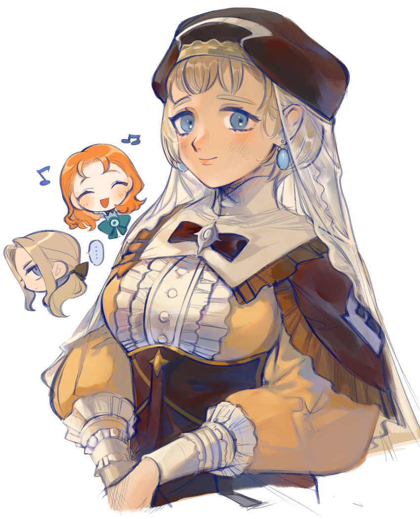 1boy 2girls annette_fantine_dominic annette_fantine_dominic_(timeskip) blonde_hair blue_eyes breasts brown_hat dress earrings fire_emblem fire_emblem:_three_houses frilled_dress frills hat highres jeritza_von_hrym jewelry large_breasts medium_breasts mercedes_von_martritz mercedes_von_martritz_(timeskip) mochako_(motyako_1005) multiple_girls nintendo solo_focus yellow_dress