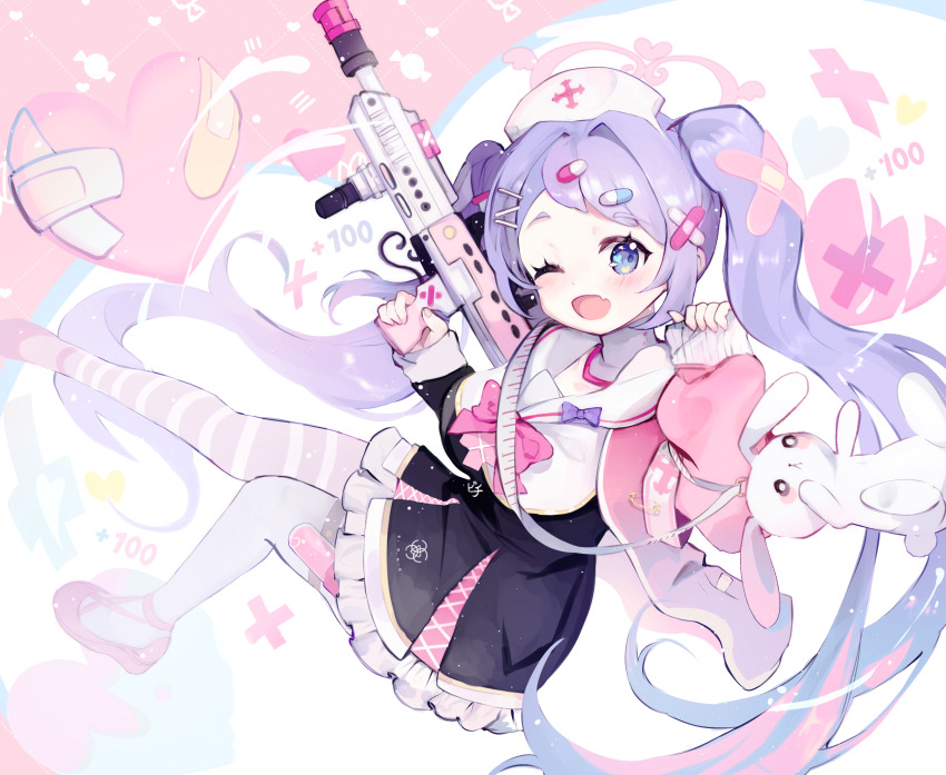 1girl absurdres armband assault_rifle asymmetrical_legwear black_dress blue_archive blue_eyes bow breasts bullpup dress fang gun hair_ornament hairclip hanae_(blue_archive) hat heart highres holding holding_gun holding_weapon jacket l85 large_breasts long_hair long_sleeves looking_at_viewer mismatched_legwear nurse_cap one_eye_closed open_clothes open_jacket open_mouth peach5828 pill_hair_ornament pink_bow pink_jacket purple_hair rifle safety_pin sailor_collar skin_fang sleeves_past_wrists solo stuffed_animal stuffed_rabbit stuffed_toy thighhighs twintails very_long_hair weapon white_sailor_collar white_thighhighs