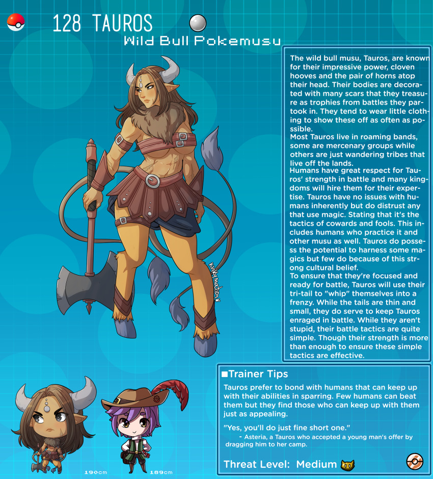1boy 1girl abs armor artist_name axe battle_axe belt belt_bra bikini_armor blue_background blush breasts brown_hair character_name character_profile commentary cow_girl cow_tail english_commentary english_text facial_mark facial_scar forehead_mark gen_1_pokemon hat_feather highres holding holding_axe hooves horns kinkymation large_breasts leather_armor leather_skirt long_hair midriff minotaur monster_girl multiple_tails muscular muscular_female nintendo personification pointy_ears poke_ball poke_ball_(basic) pokemon purple_hair revealing_clothes scar scar_on_abs scar_on_arm scar_on_back scar_on_cheek scar_on_chin scar_on_face scar_on_stomach strap tail tan tauros underboob vambraces weapon