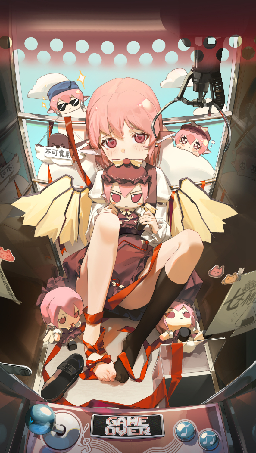1girl absurdres animal_ears arcade_stick barefoot bird_ears bird_wings black-framed_eyewear black_sandals black_thighhighs blue_headscarf blush bow brown_dress brown_hat character_doll controller crane_game doll dress earrings fumo_(doll) game_controller hat headscarf highres holding holding_doll in_crane_game jewelry joystick long_sleeves looking_at_viewer mystia_lorelei pink_hair red_eyes red_ribbon ribbon sandals shirt short_hair solo thighhighs touhou winged_hat wings xiaoguai_swg
