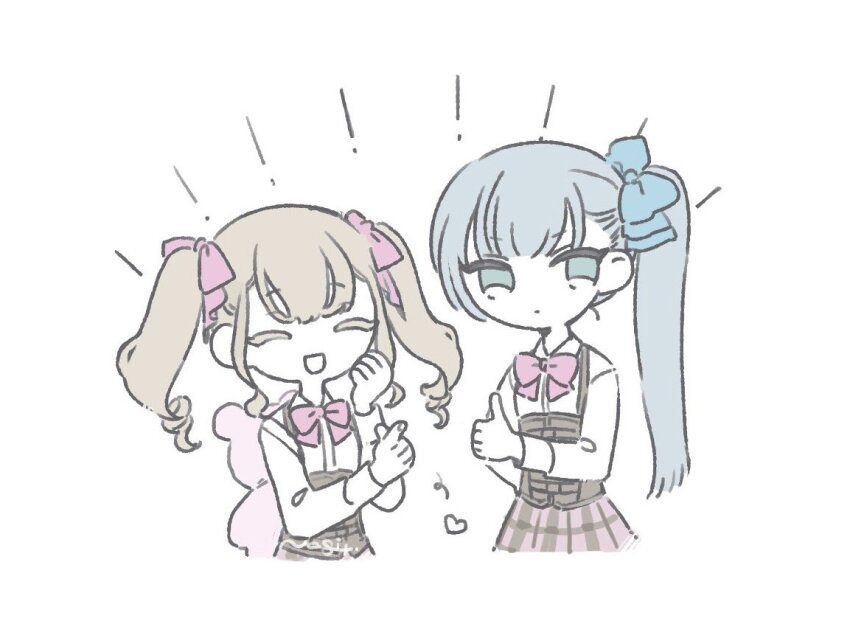2girls :d animal_bag aqua_eyes assault_lily backpack bag bear_bag blue_hair blunt_bangs bow bowtie brown_hair closed_eyes closed_mouth collared_shirt corset cropped_legs cropped_torso finger_heart hair_bow hand_on_own_hip hand_up hands_up heart high_ponytail houjou_monica_asahi long_hair long_sleeves looking_at_viewer ludvico_private_girls&#039;_academy_school_uniform motion_lines multiple_girls nagi_(namae11x) narumi_clara_yuuko open_mouth pink_bow pink_bowtie pink_skirt plaid_clothes plaid_skirt ponytail school_uniform shirt side_ponytail simple_background skirt smile standing thumbs_up twintails underbust white_background white_shirt